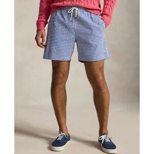 Trunks Surf & Swim Co Mens Navy Gingham Seersucker Swim Trunks Medium Blue White